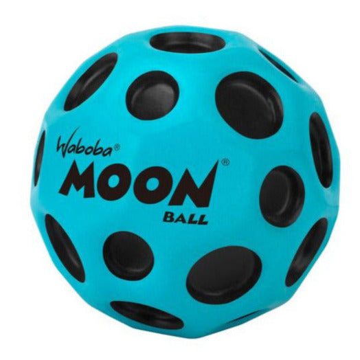 Blue Waboba Moon Ball with black craters designed for amazing high bounces on hard surfaces, perfect for outdoor play.