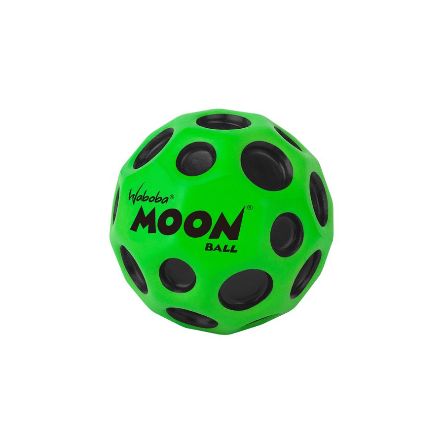 Green Waboba Moon Ball with black craters designed for high bounce on hard surfaces, perfect for outdoor play.