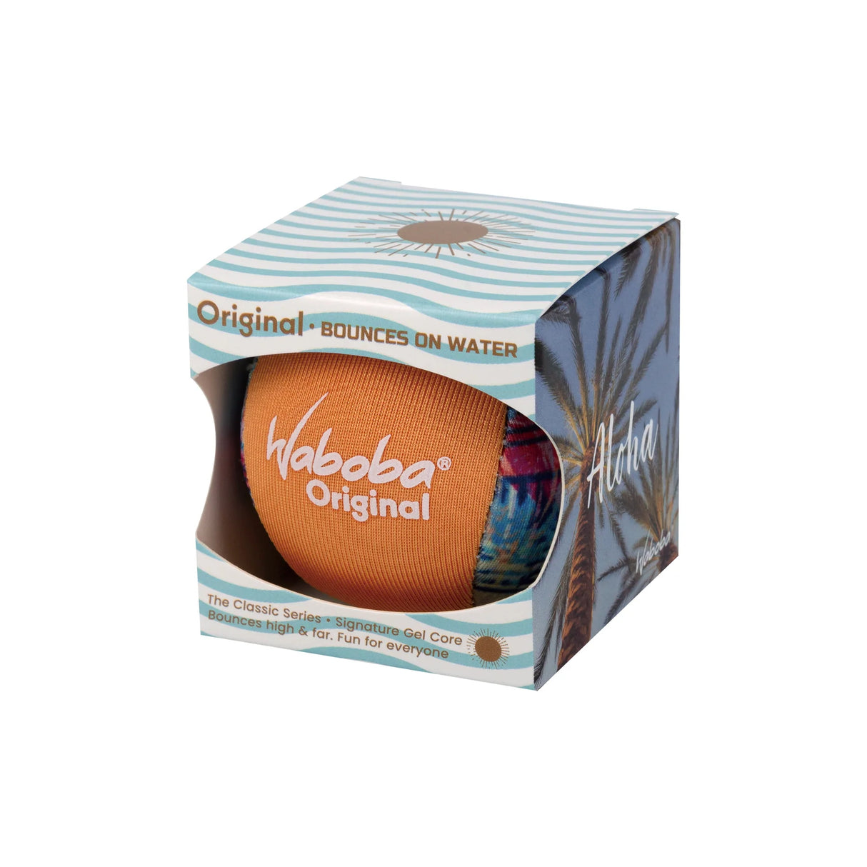 Waboba Original ball in packaging, designed to bounce on water, ideal for lakes and oceans, assorted colors.