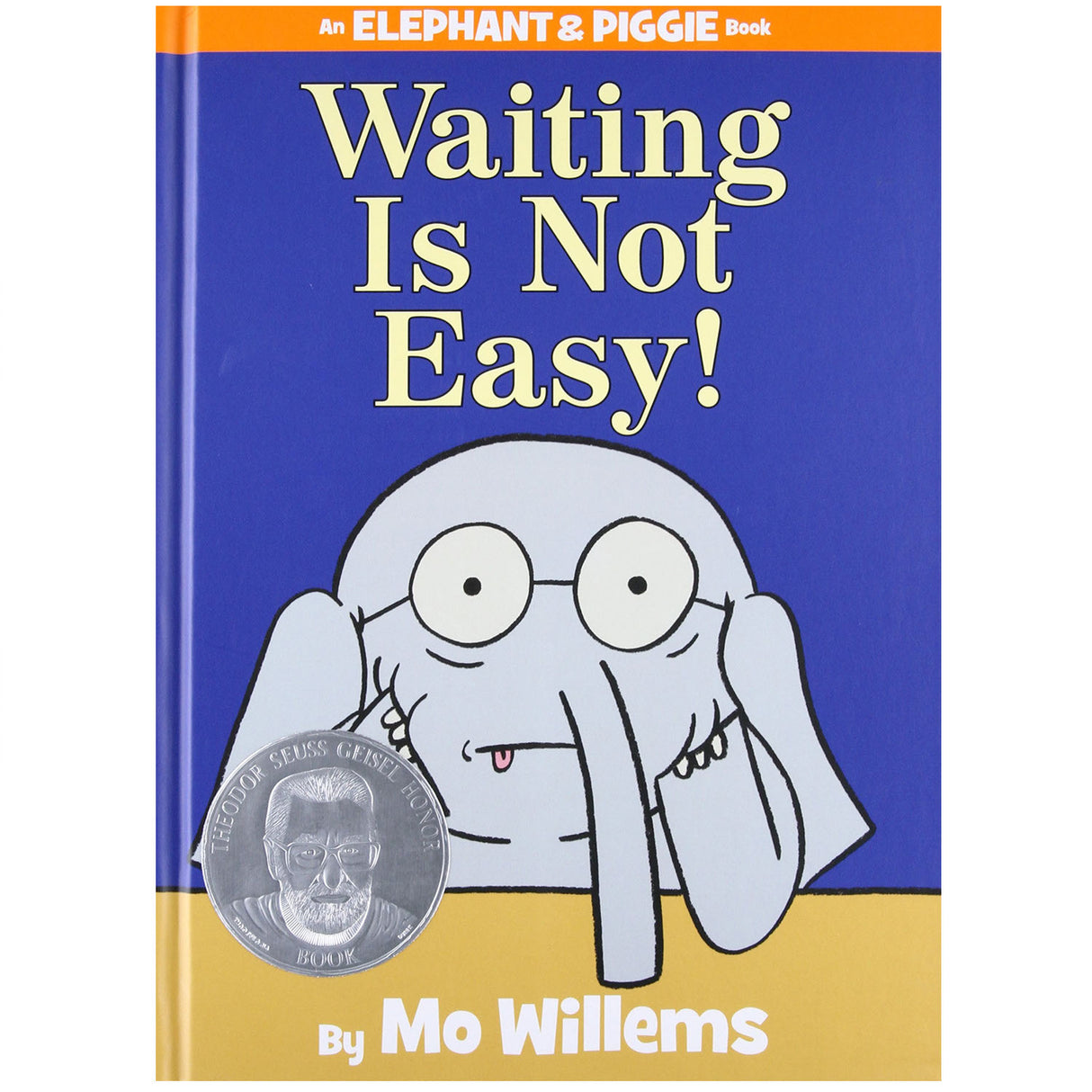 Elephant & Piggie Waiting is Not Easy! book cover with elephant character showing a thoughtful expression on blue background.