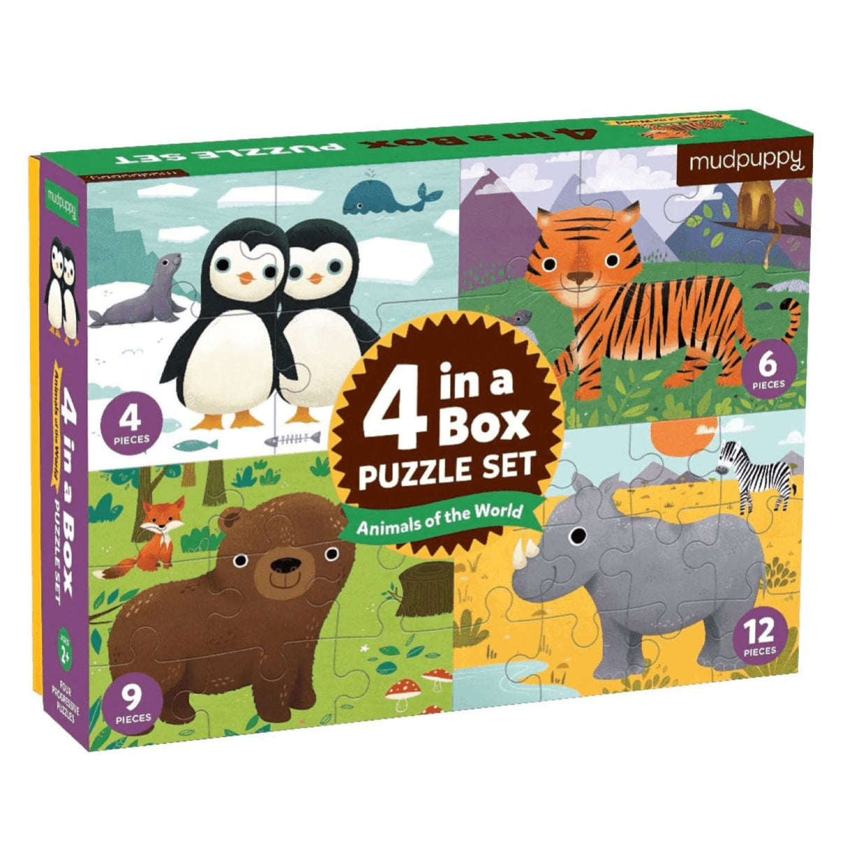4-12pc Animal Progressive Puzzles box with four animal puzzles increasing from 4 to 12 pieces for ages 2-5.