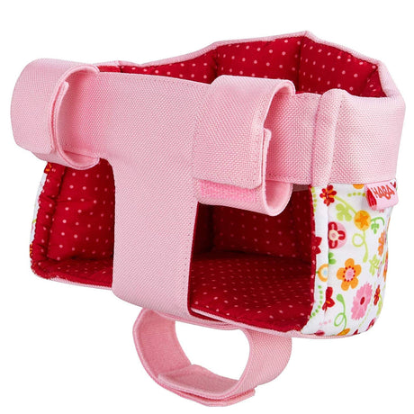 Doll's Bicycle Seat with washable floral fabric and secure hook and loop attachments for dolls up to 15 inches tall.