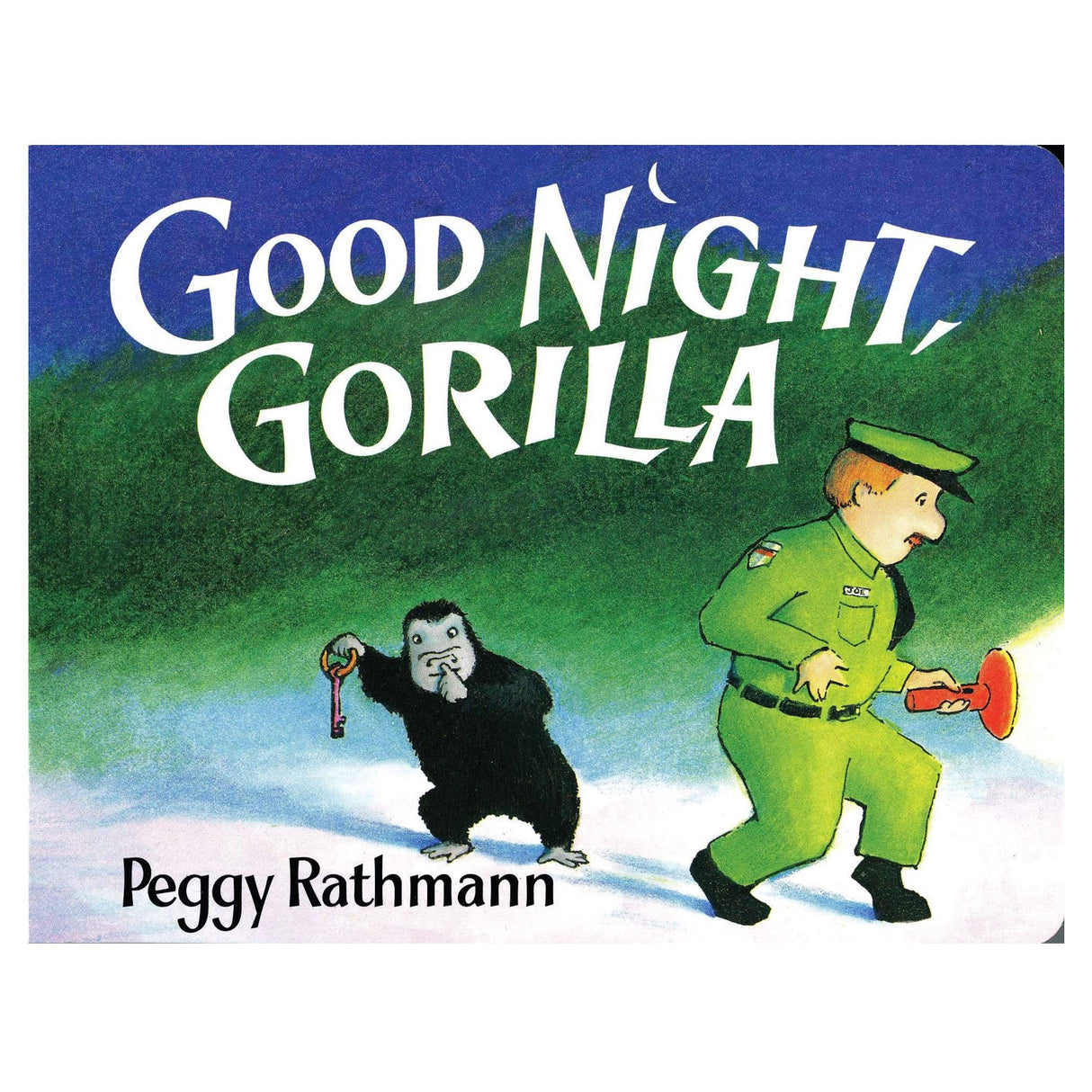 Good Night Gorilla book cover showing a mischievous gorilla with a key following a zookeeper at night.