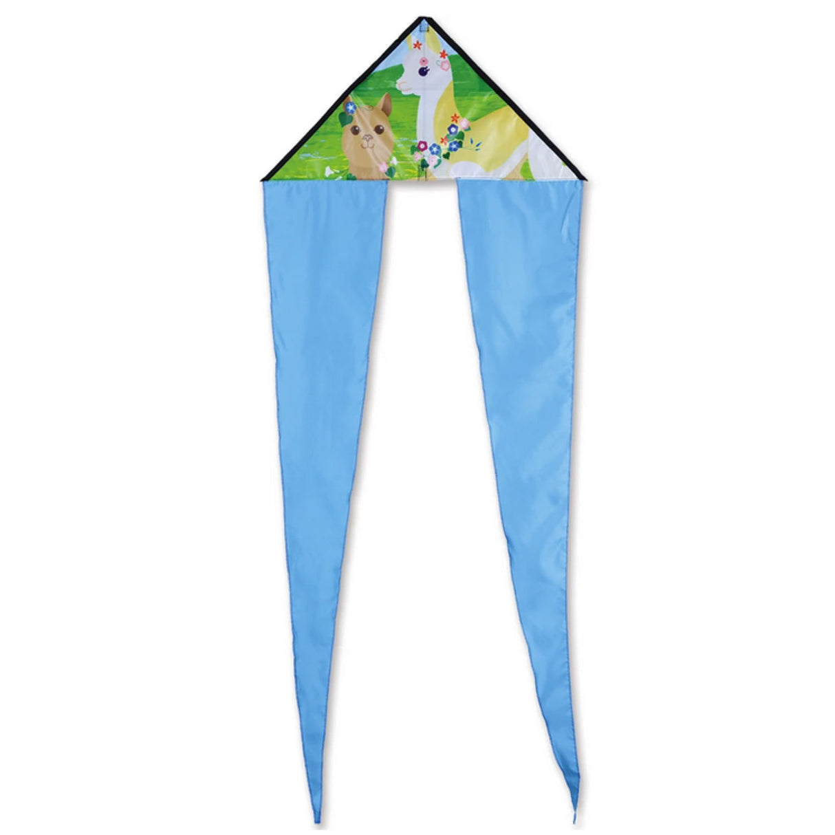 Zippy Flo-Tail Delta Kite | Alpacas with vibrant alpaca design and long flowing blue tails for stable flight.