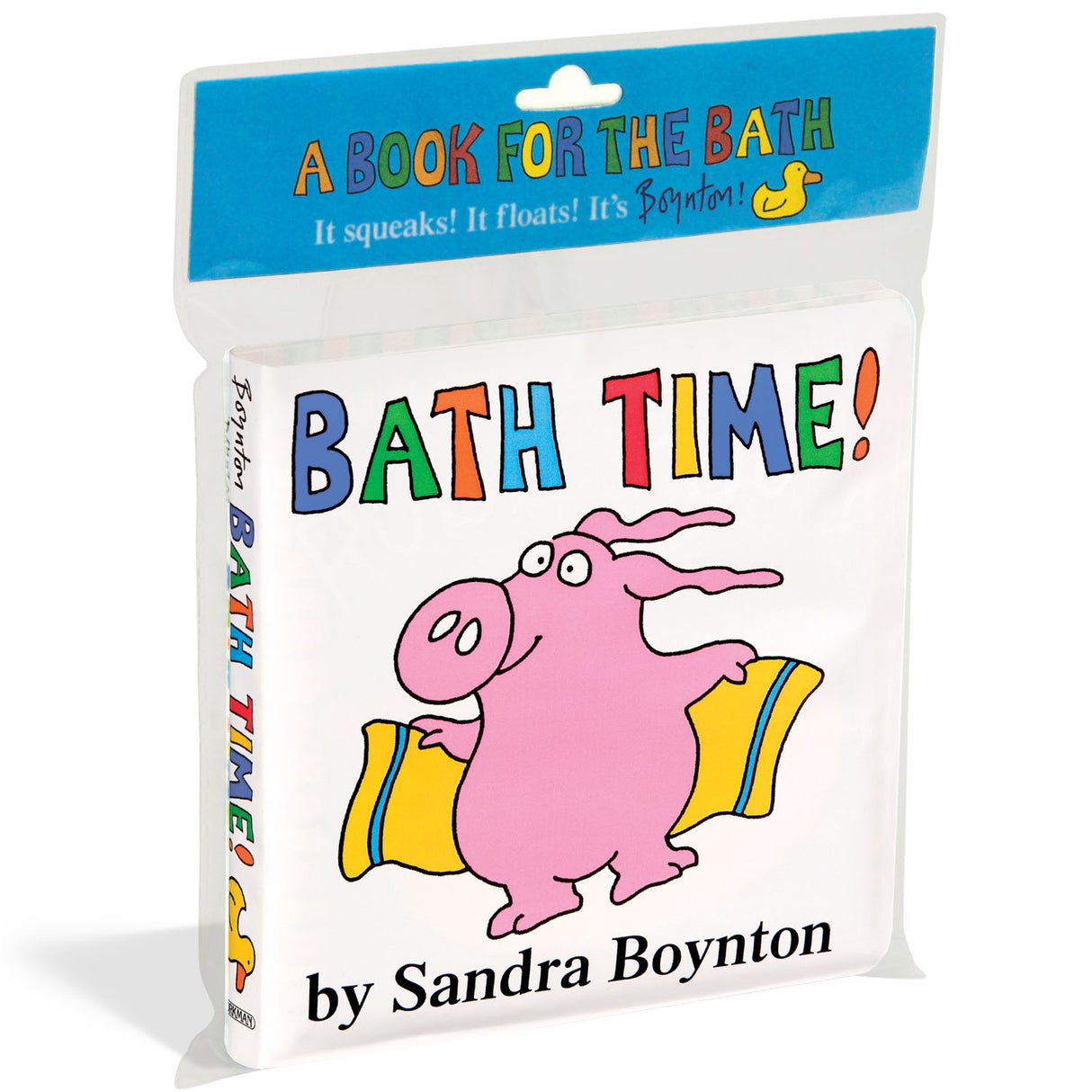 Bath Time product showing waterproof baby-safe bath book with a pink pig and colorful title by Sandra Boynton.