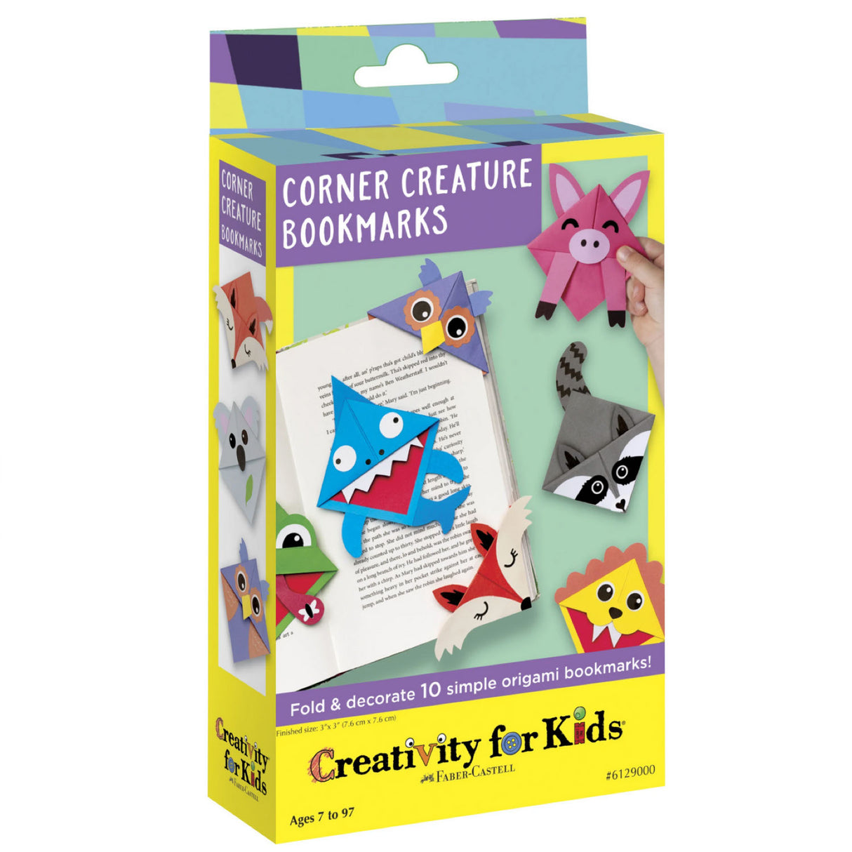 Corner Creature Bookmarks origami kit with 10 colorful animal corner bookmarks and step-by-step folding instructions.