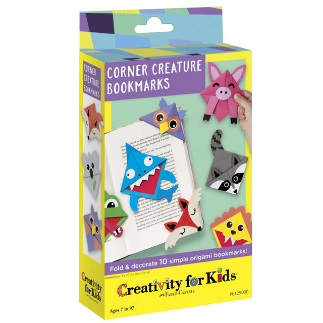 Corner Creature Bookmarks origami kit with 10 colorful animal corner bookmarks and step-by-step folding instructions.