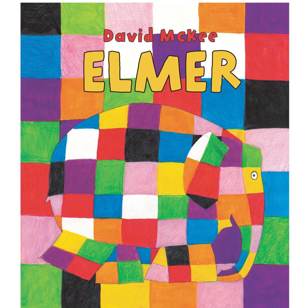 Colorful patchwork elephant on a bright background from the children's book Elmer by David McKee.