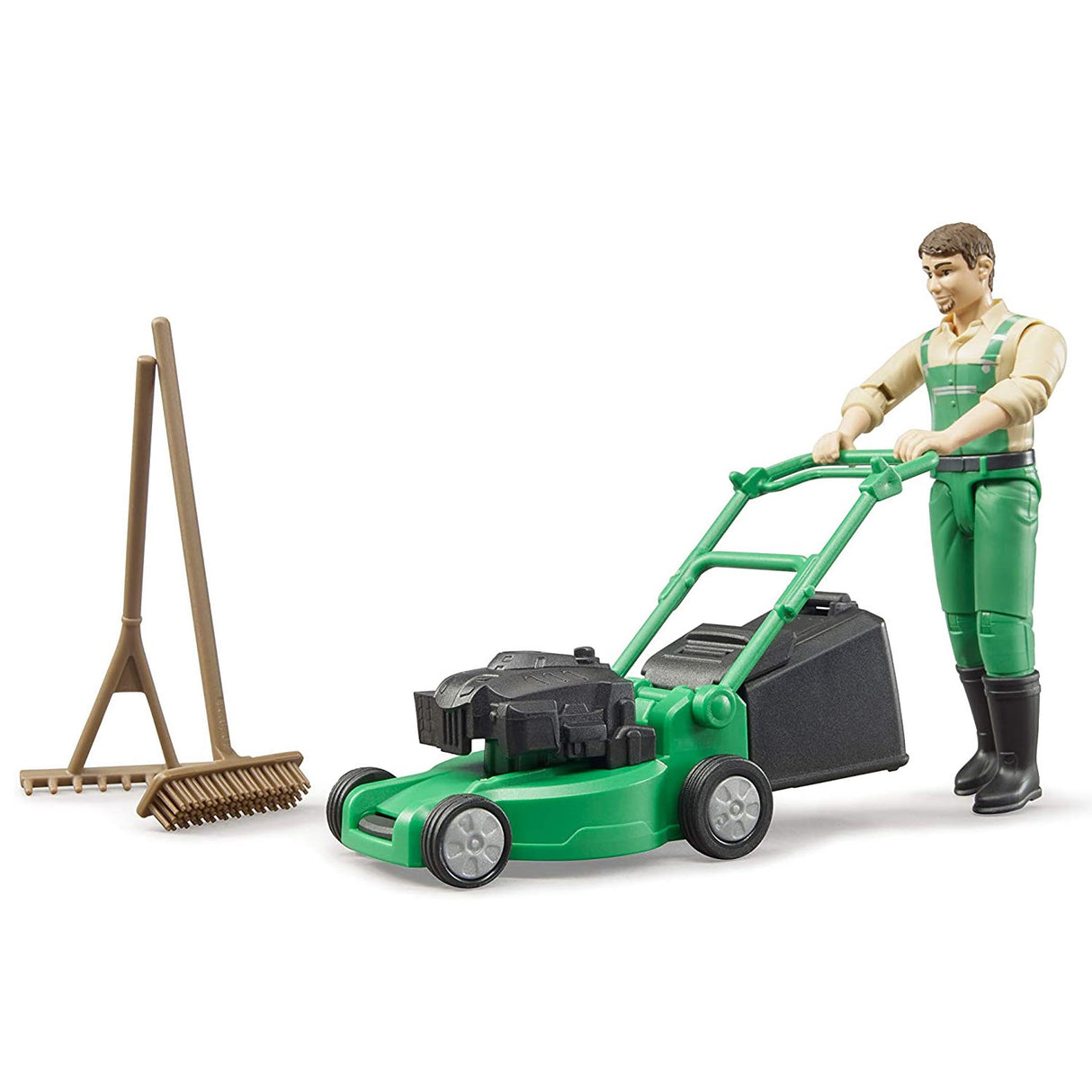 Jeffrey & Lawnmower toy figure with movable parts, lawnmower, rake, and besom for creative gardening play.