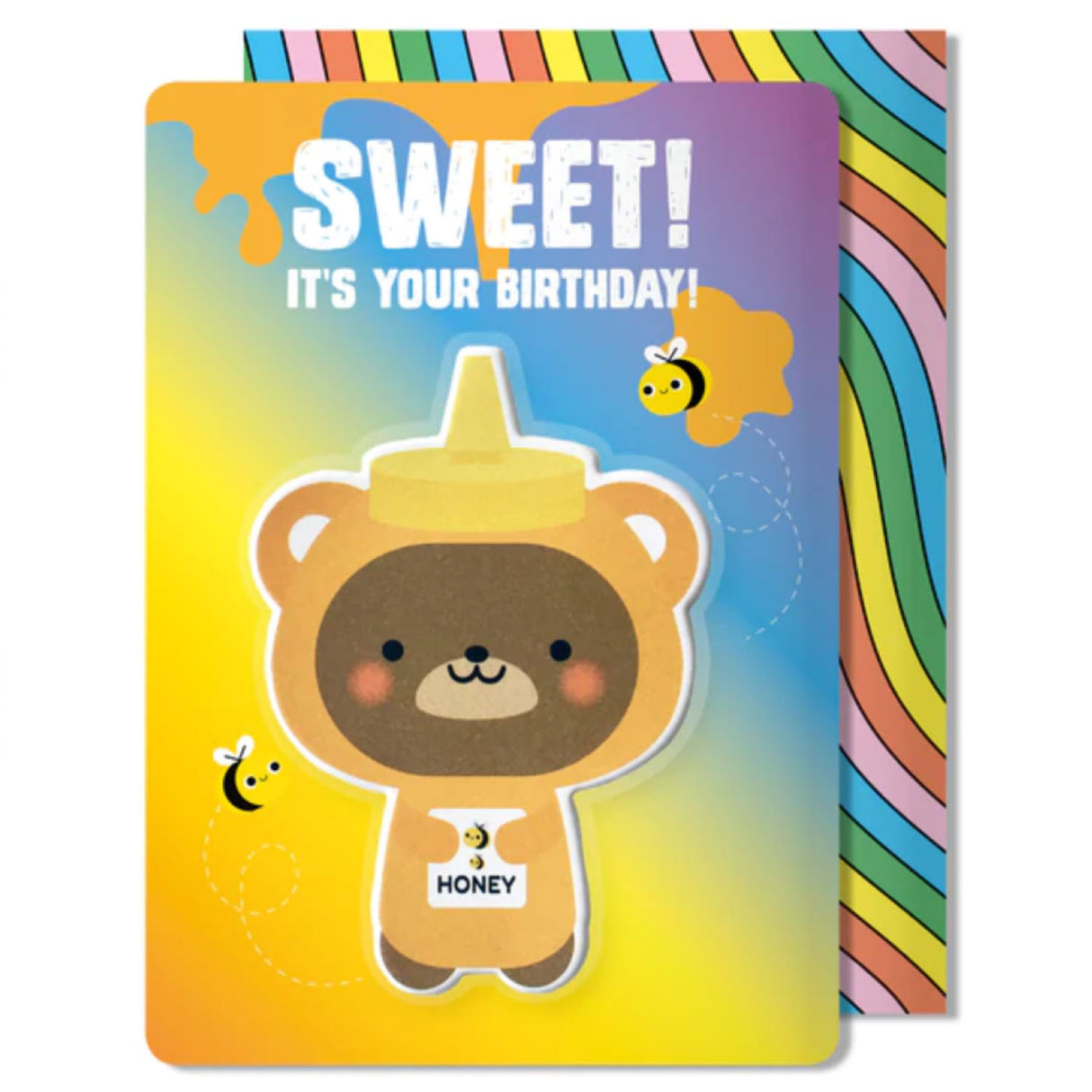 Bear Puffy Sticker Birthday Card featuring a cute honey bear and bees with a colorful rainbow envelope.