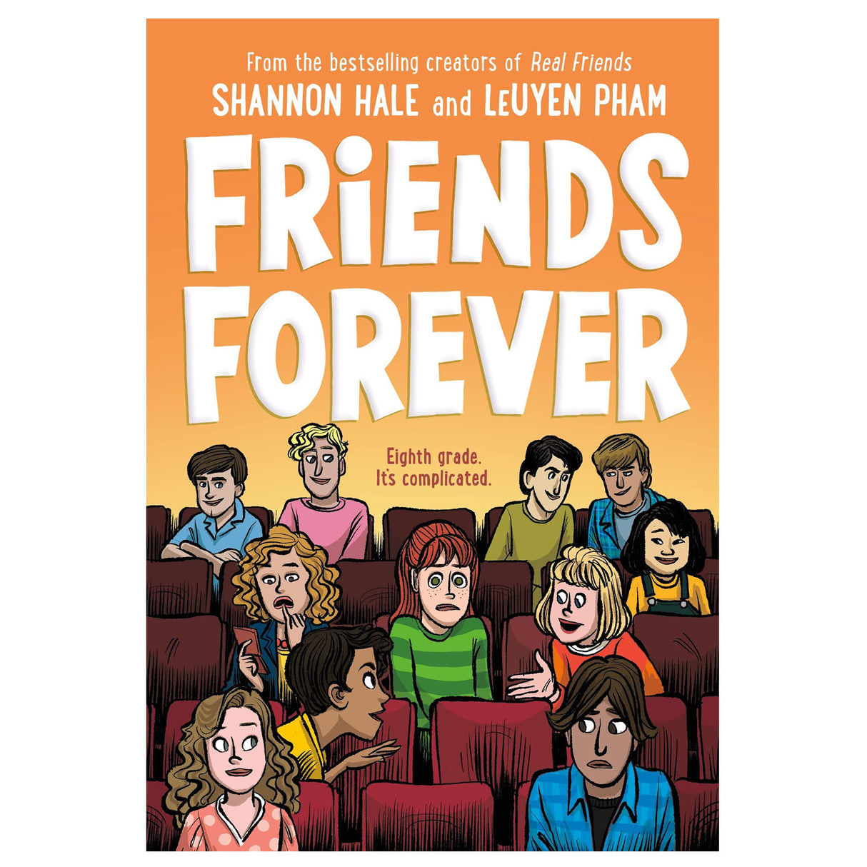 Friends Forever book cover showing diverse eighth graders with different emotions in a classroom setting.