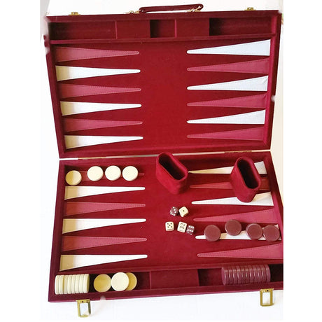 Backgammon | Burgundy 18 folding board with velvet exterior, dice, cups, and red and white game pieces included