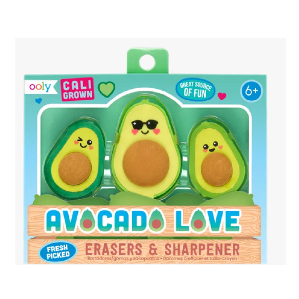 Avocado Love Erasers set with two cute avocado erasers and one avocado sharpener wearing sunglasses in packaging.