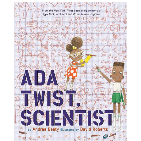 Cover of Ada Twist, Scientist book showing a girl with glasses and lab coat holding a pencil amid scientific doodles.