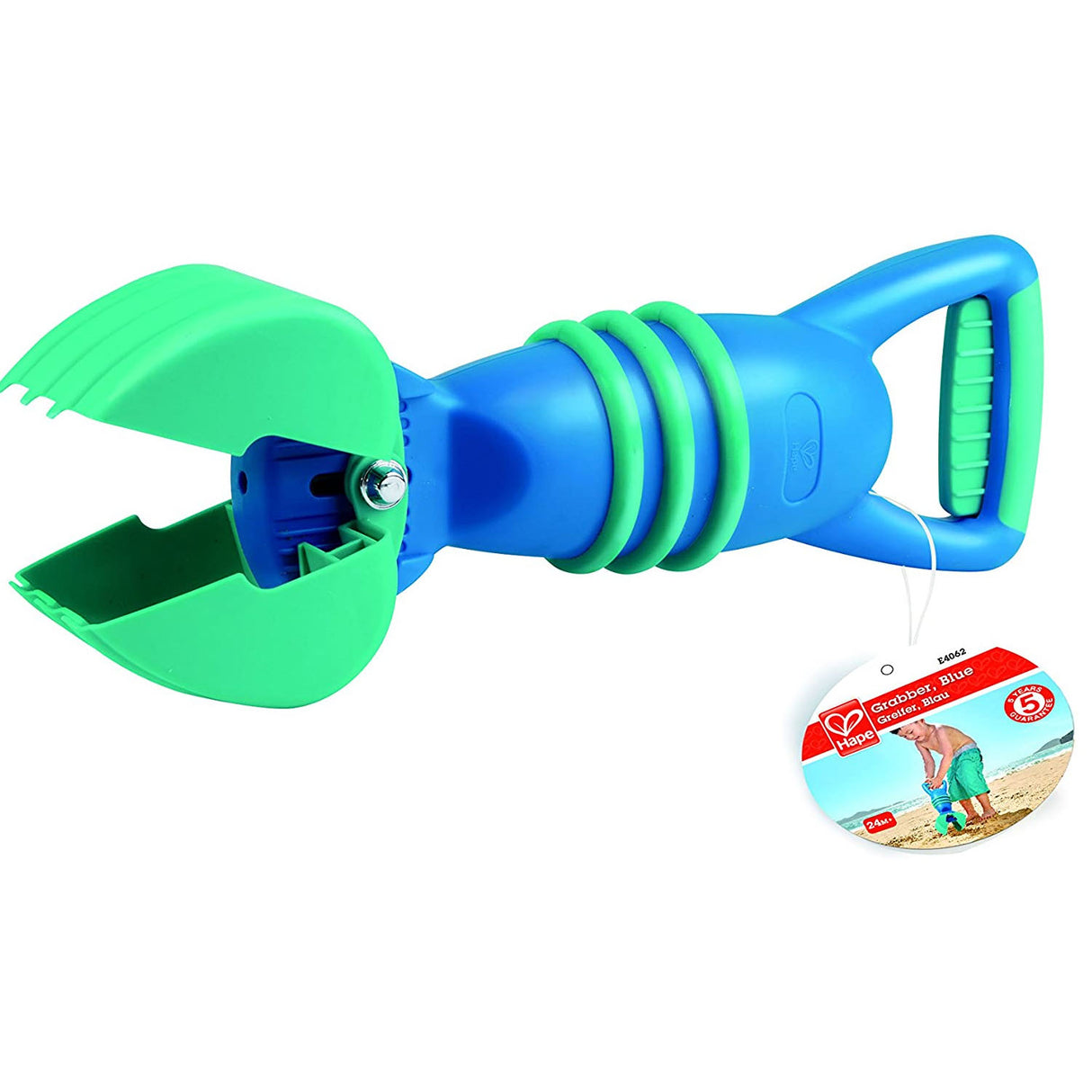 Grabber Blue squeeze-powered sand and dirt picker toy for kids to dig and build at the beach or garden.