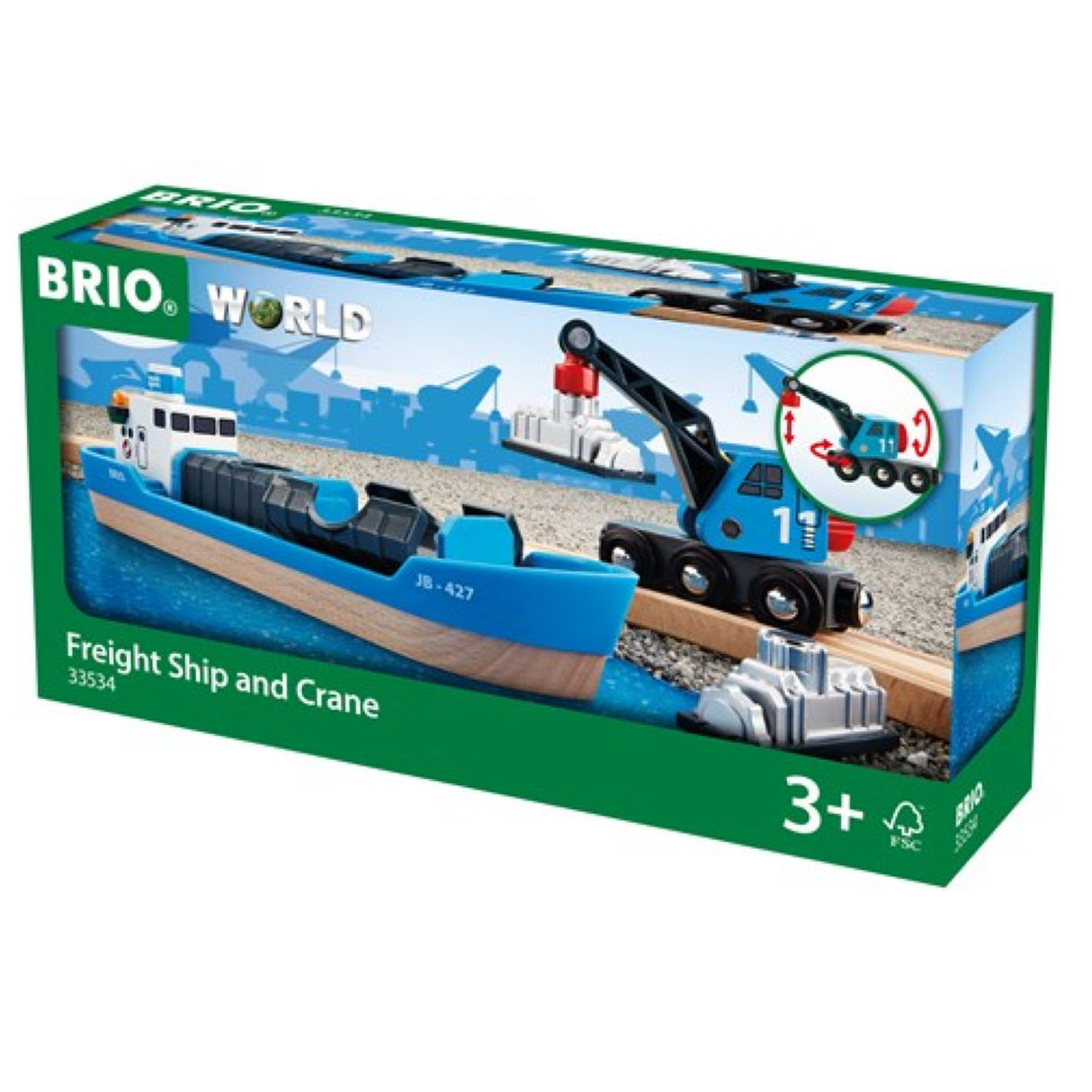Freight Ship & Crane toy set with blue container ship and moveable crane for ages 3 and up.