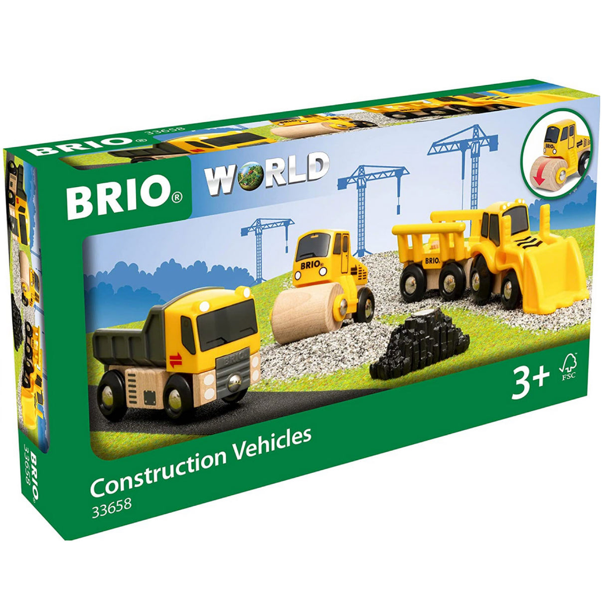 BRIO World Construction Vehicles set with natural wooden tipper truck, steam roller, loader, and concrete pile for kids 3+.