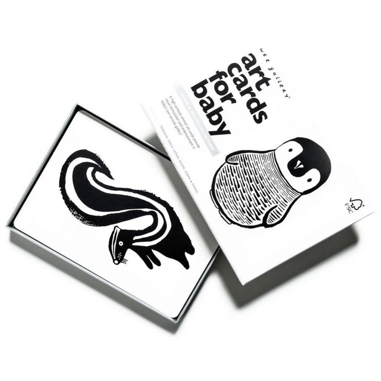 Black & White Art Cards featuring high-contrast baby visuals with adorable animals like penguin and skunk for newborn engagement.