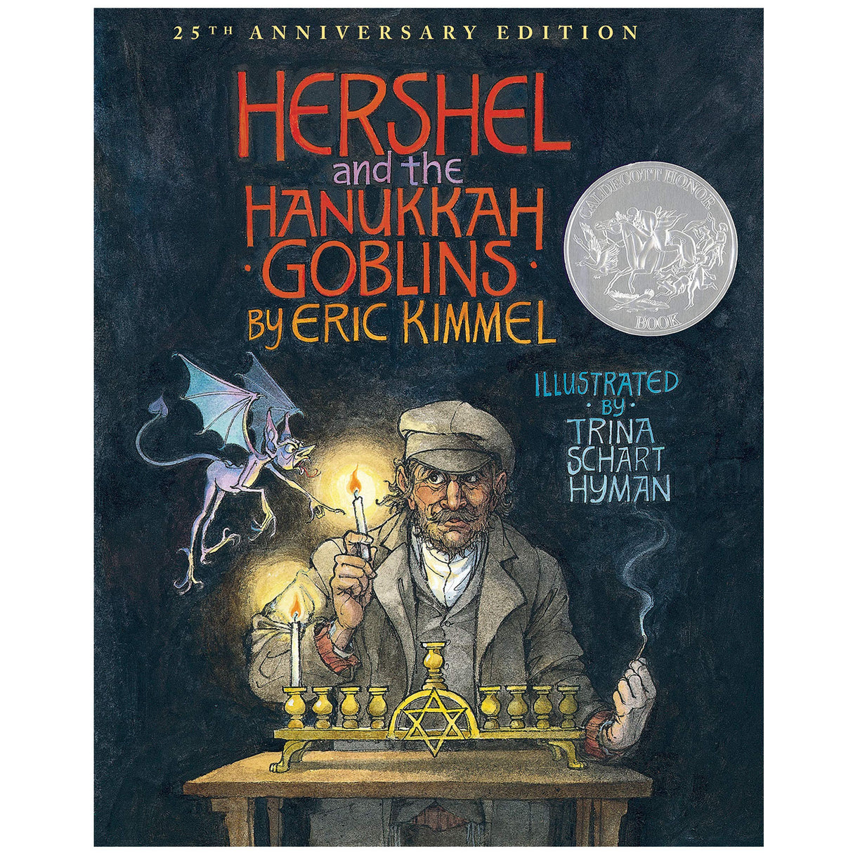 Cover of Hershel and the Hanukkah Goblins 25th Anniversary Edition showing Hershel lighting a menorah with a goblin nearby.