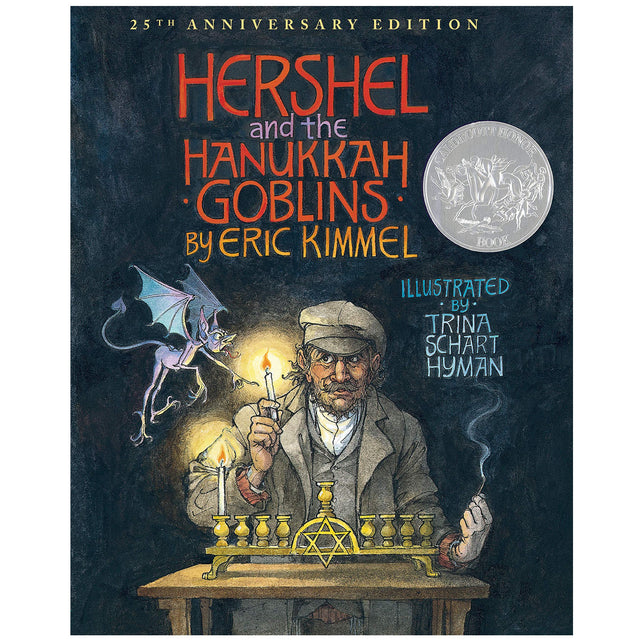 Cover of Hershel and the Hanukkah Goblins 25th Anniversary Edition showing Hershel lighting a menorah with a goblin nearby.