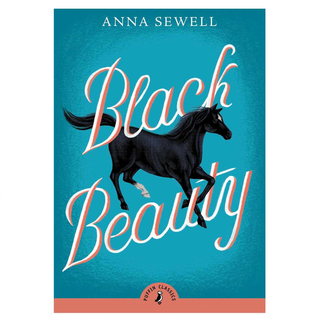 Black Beauty book cover featuring a black horse galloping on a blue background with the title in bold script.