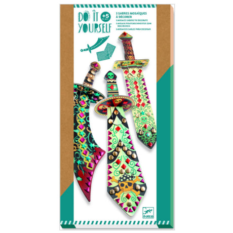DIY Mosaic Swords kit featuring three colorful mosaic swords to decorate for imaginative pirate play.