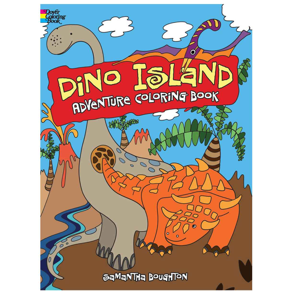 Dino Island Adventure Coloring Book cover with colorful dinosaurs and a vibrant prehistoric landscape for kids.