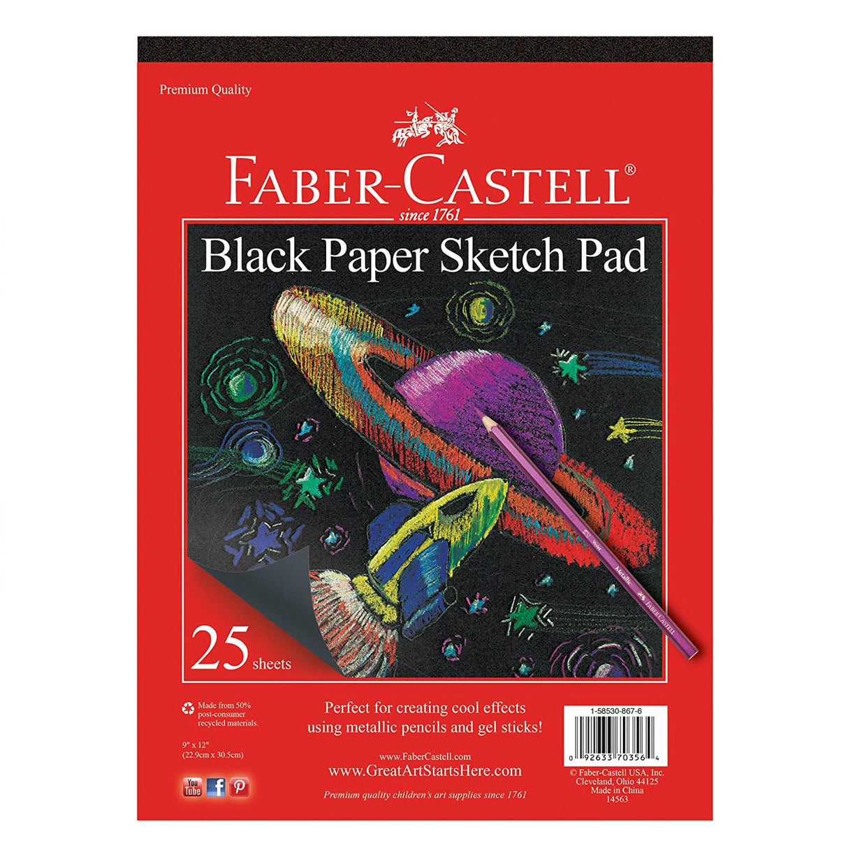 Faber-Castell Black Sketch Paper pad with 25 sheets, ideal for metallic pencils and gel sticks to create cool effects.