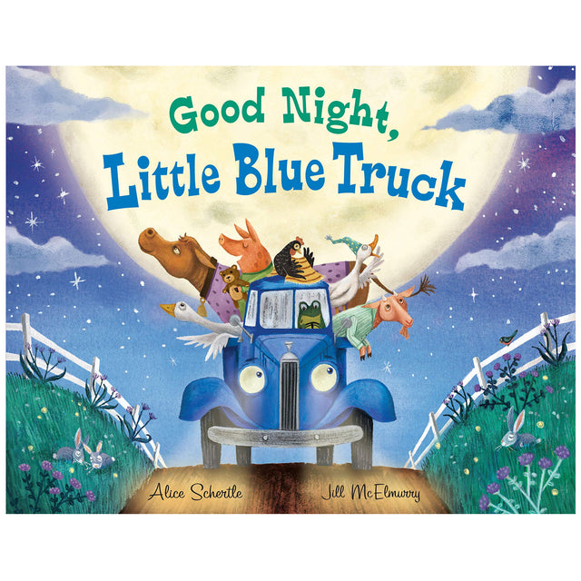Good Night Little Blue Truck showing a blue truck carrying animal friends under a starry night sky.