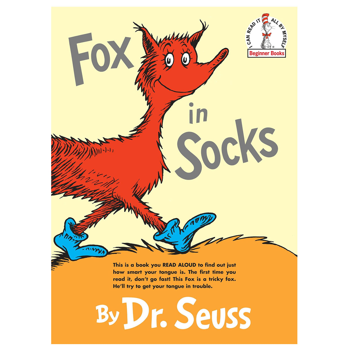 Cover of Dr. Seuss's Fox in Socks featuring the tricky red fox wearing blue socks on a yellow background.