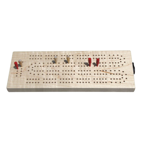 Continuous Track Maple Cribbage board made of maple wood with pegging holes and colored pegs included.