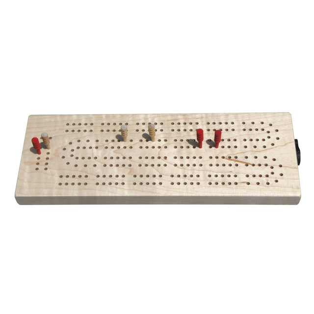 Continuous Track Maple Cribbage board made of maple wood with pegging holes and colored pegs included.