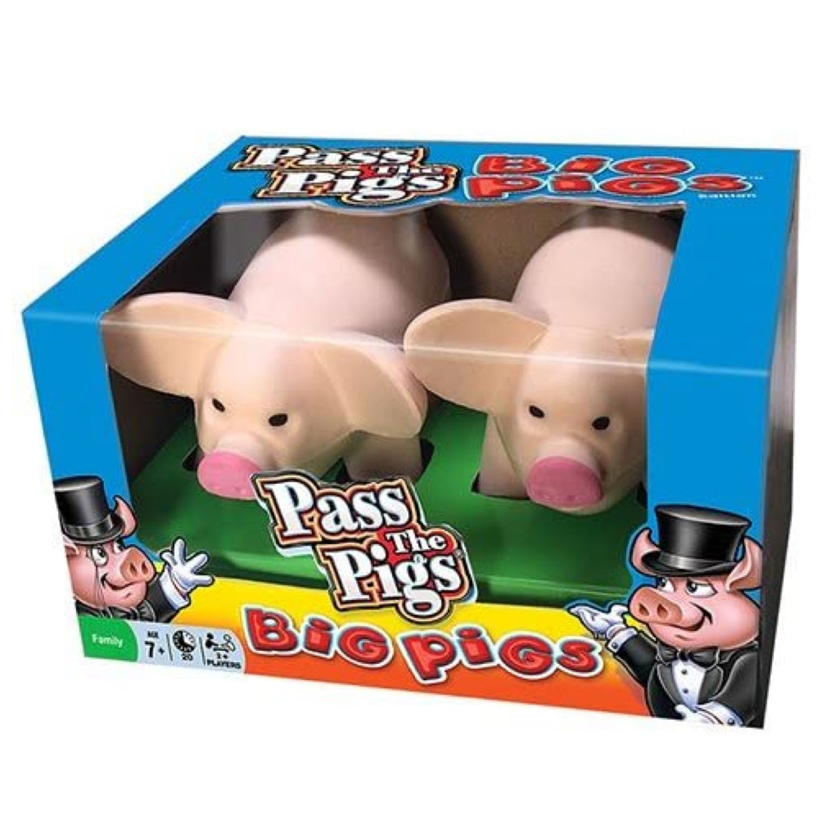 Jumbo Pass the Pigs game with two oversized foam pig dice in colorful packaging for players ages 7 and up.