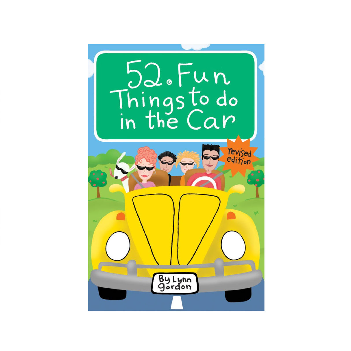52 Fun Things to Do in the Car Cards featuring a colorful car with passengers for engaging road trip activities.