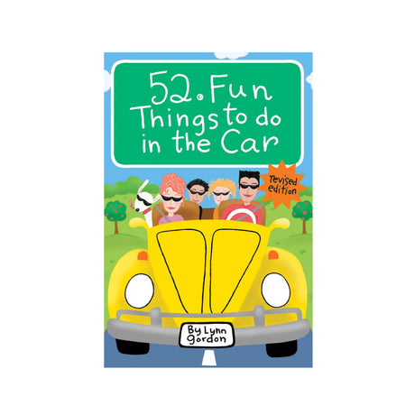 52 Fun Things to Do in the Car Cards featuring a colorful car with passengers for engaging road trip activities.