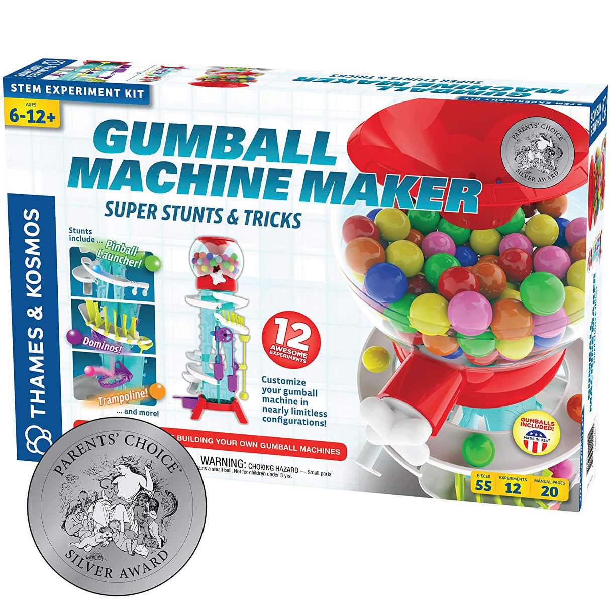 Gumball Machine Maker STEM kit featuring customizable gumball track and educational physics stunts for kids ages 6-12.