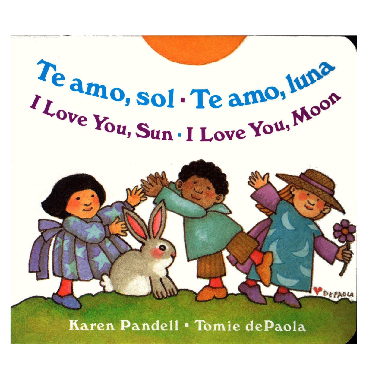 I Love You Sun, I Love You Moon Spanish Edition board book with children and a bunny learning Spanish and English words.