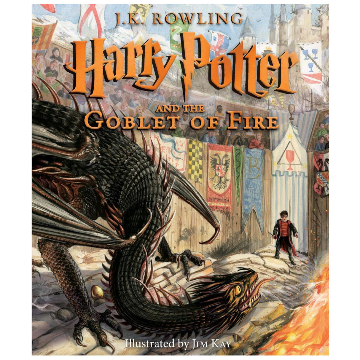 Harry Potter and the Goblet of Fire Illustrated Edition book cover with dragon and medieval banners.