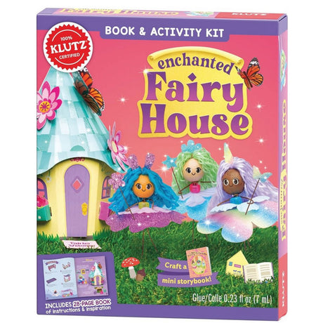 Enchanted Fairy House kit with three fairy dolls, colorful skirts, fairy house, and mini storybook for creative play.