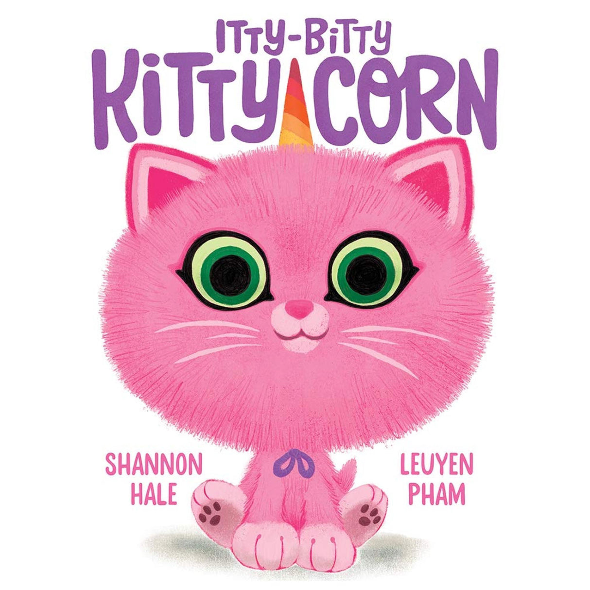 Itty Bitty Kitty Corn shows a fluffy pink cat with a unicorn horn and big green eyes in a friendly illustration.