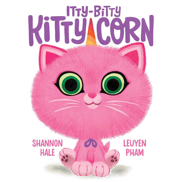 Itty Bitty Kitty Corn shows a fluffy pink cat with a unicorn horn and big green eyes in a friendly illustration.