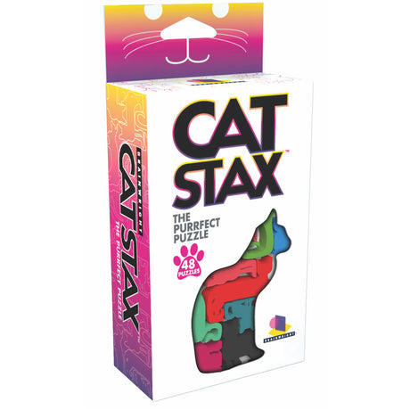 Cat Stax puzzle game box showing colorful cat-shaped pieces and 48 challenge cards for stacking cats perfectly.