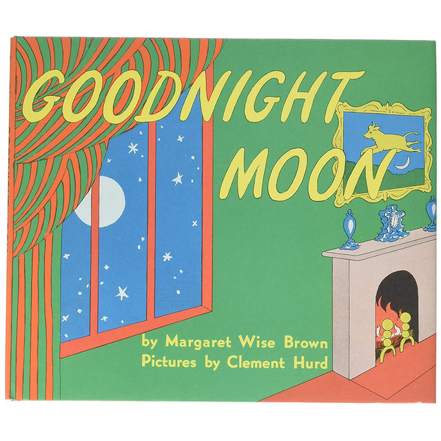 Goodnight Moon book cover with green room, red curtains, moonlit window, and cozy fireplace illustration.