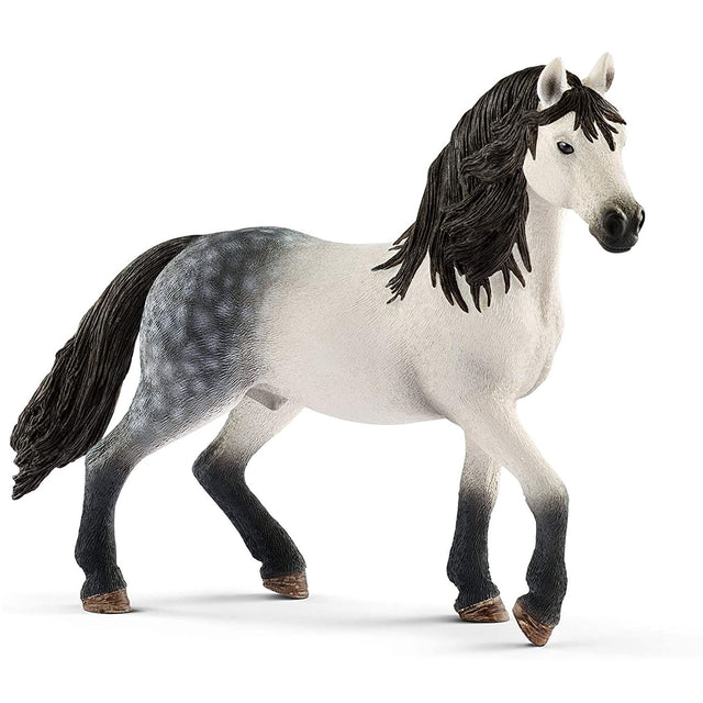 Andalusian Horse Stallion figurine with gray dappled coat and flowing black mane and tail standing in motion pose.