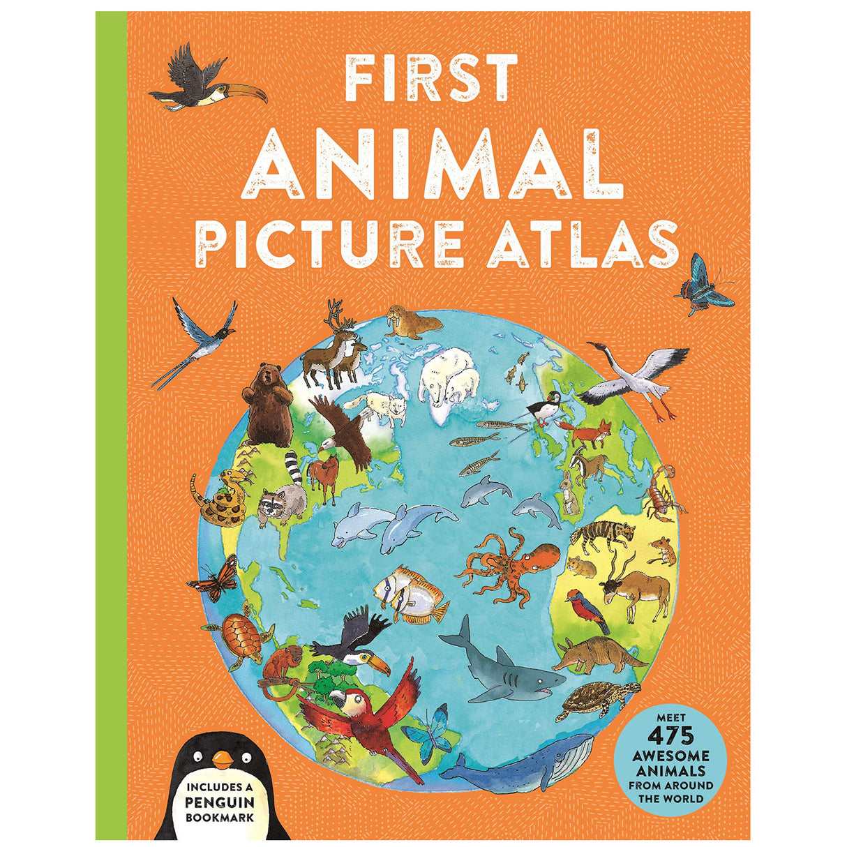 First Animal Picture Atlas book cover with colorful world map and illustrated animals highlighting global habitats.