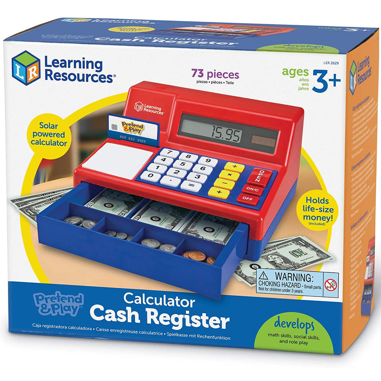 Cash Register toy with solar calculator, pretend bills, coins, and drawer opens with cha-ching sound for kids 3+