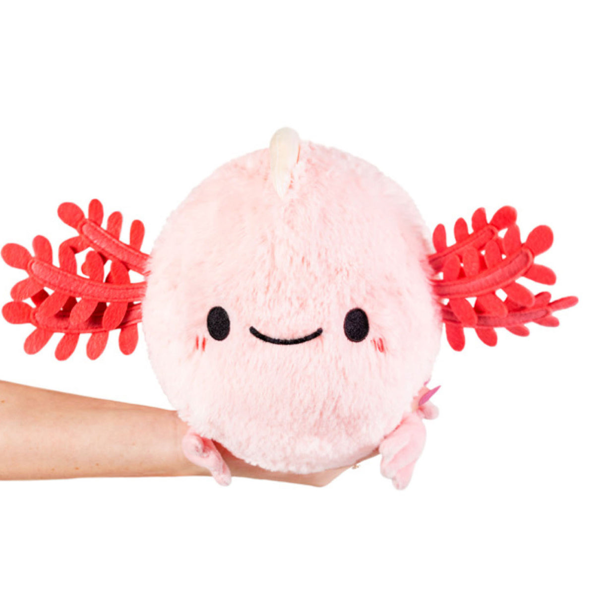 Baby Axolotl Mini plush toy with soft pink body and bright red feathery gills held in hand, perfect for kids.