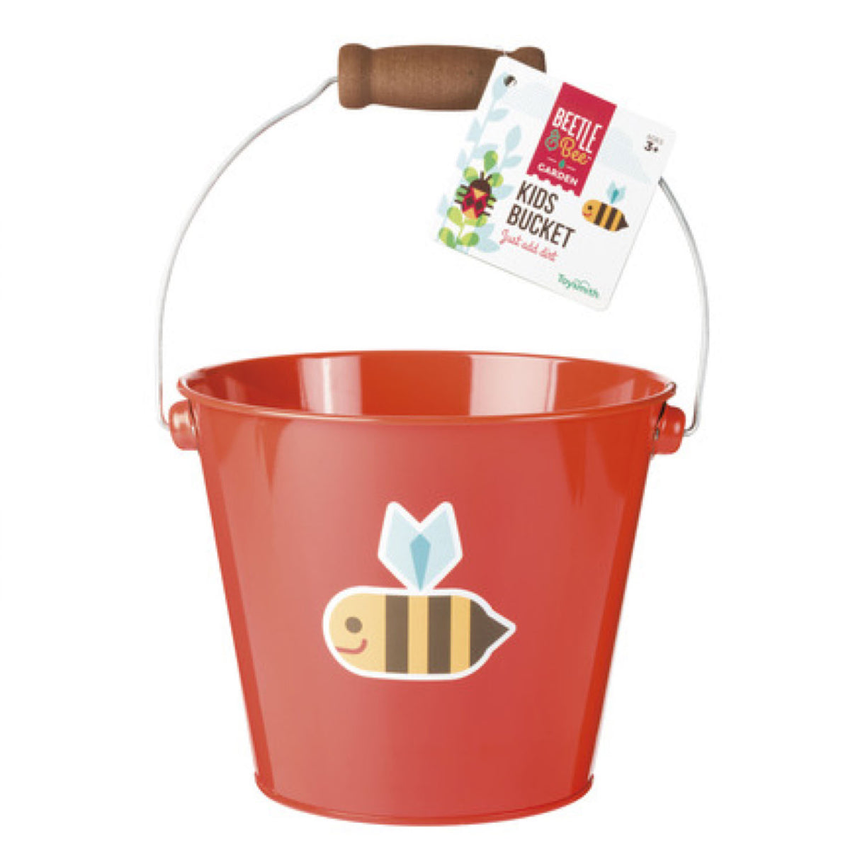 Bright red Bugs Pail with a wooden handle and bee design, perfect for kids’ outdoor play and gardening.
