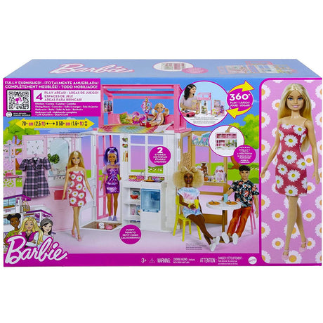 Barbie House and Doll featuring a modern two-story design with 360-degree play and included Barbie doll and pet puppy.
