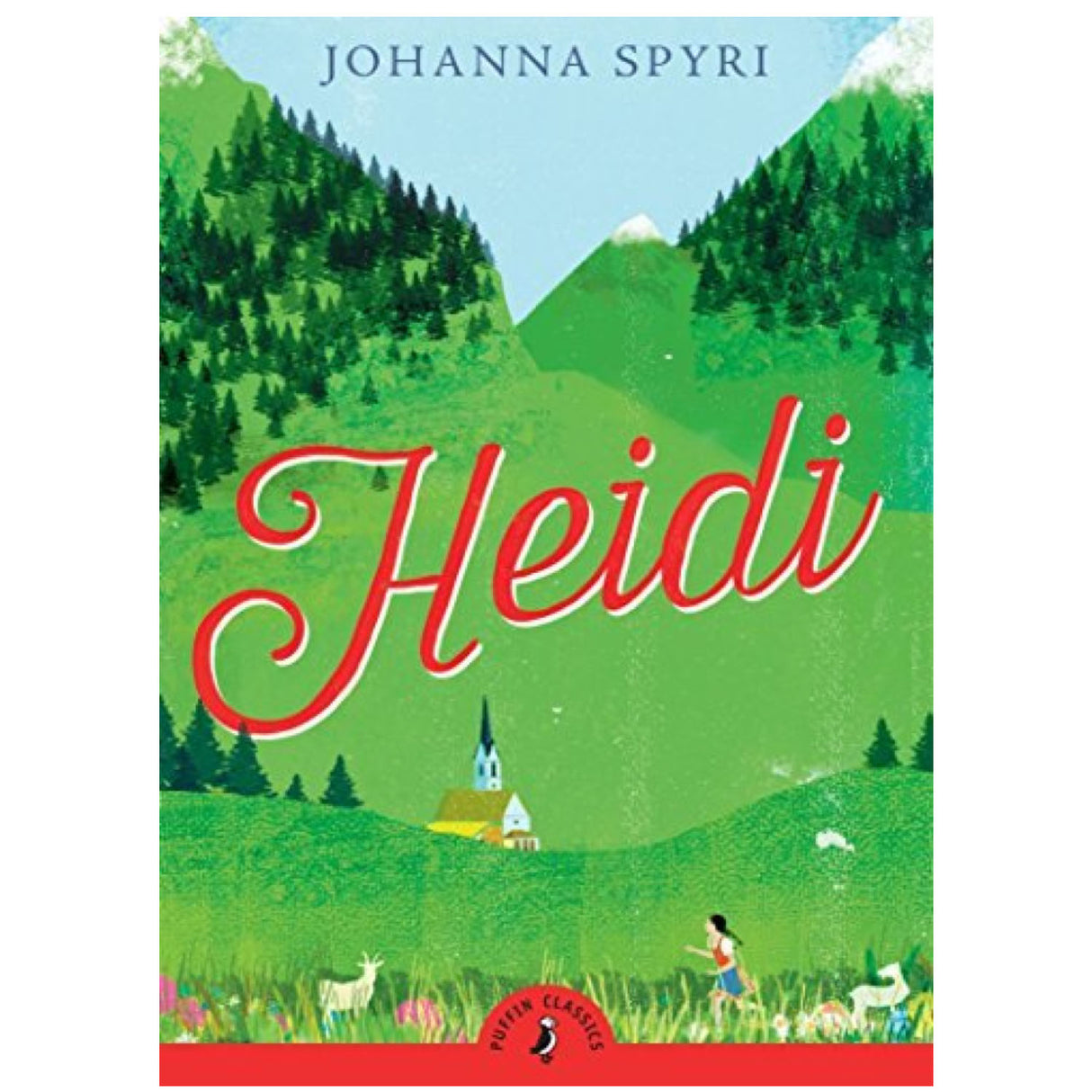 Heidi book cover showing a green alpine landscape with goats and a small village inspired by the classic story.